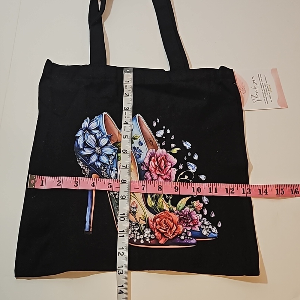 Hand Crafted Reusable Black Canvas Tote Bag 100% Cotton Floral Blue Heels 13x13" - Picture 16 of 17